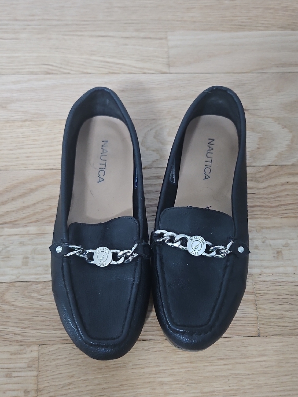 Nautica Black Loafers with Silver Chain Accent